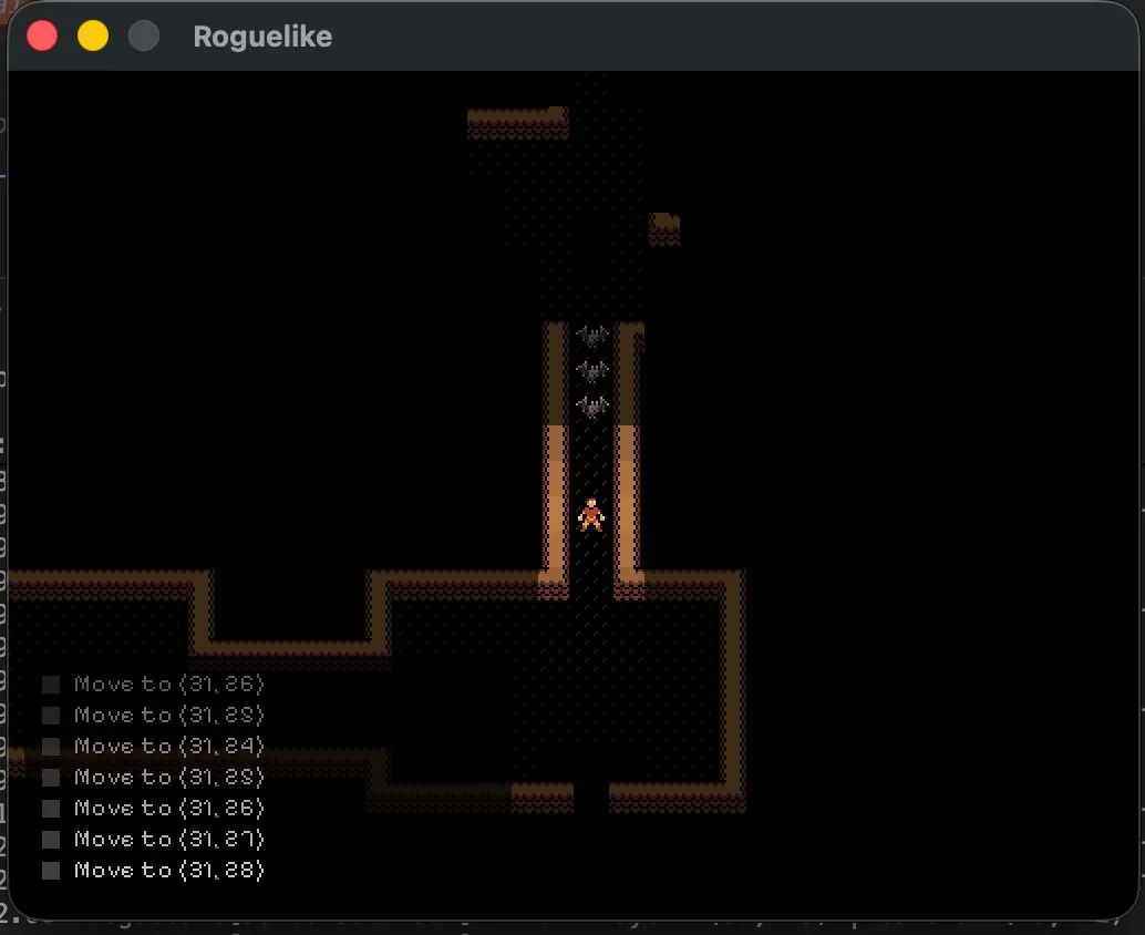 An early build of the roguelike engine, glyphs rendered on a grid